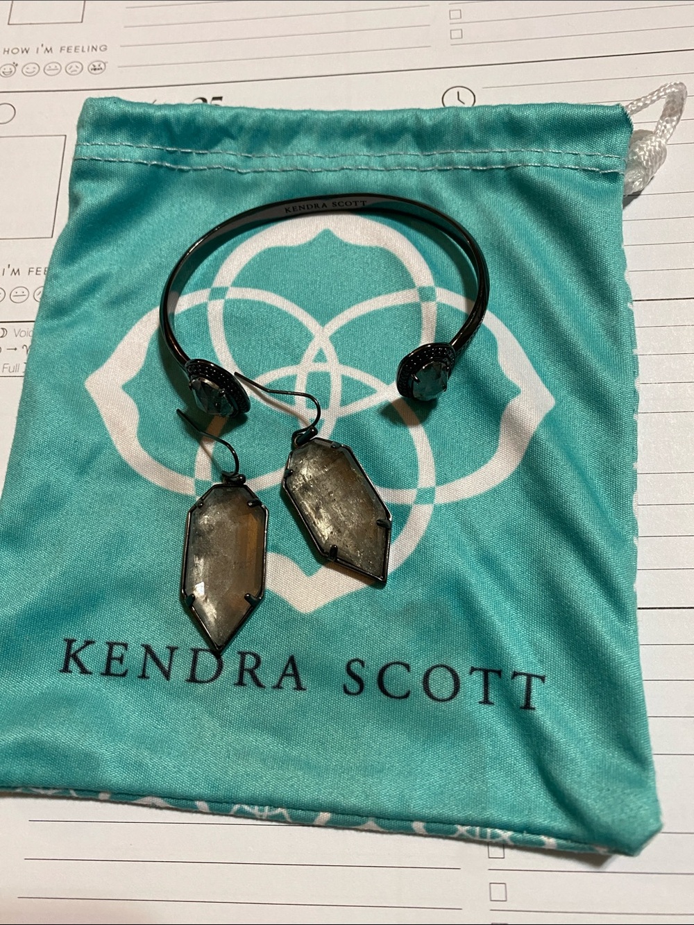 Kendra Scott Black Metal Bangle Bracelet with Smoky Gray Dangle Earrings